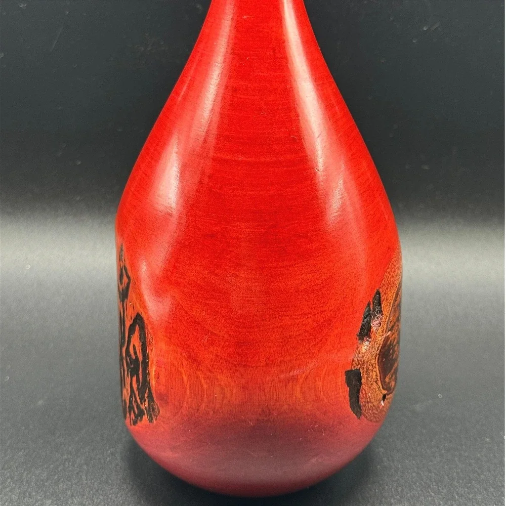 Signed Hand Turned Birch Wood Bud Vase‎ Red Burnt Live Edge Nature Artisan MCM